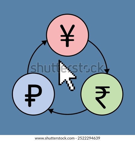 yuan, ruble and rupee graph or diagram with three circles conected with arrows, vector illustration 