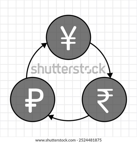 yuan, ruble and rupee graph or diagram with three circles conected with arrows, vector illustration 