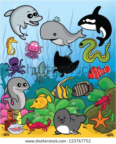 marine animal set with underwater scenery