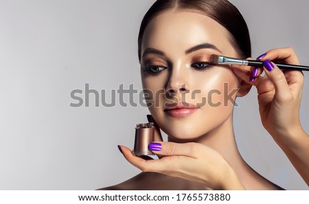 Similar – Image, Stock Photo Professional visagiste applying powder on model face