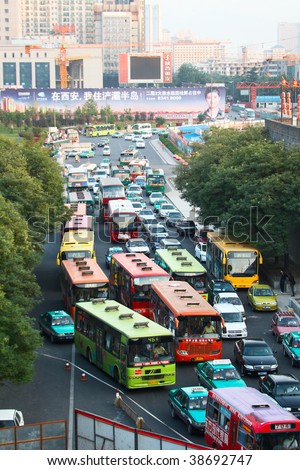 XI\'AN, CHINA - JULY 7: View from the city center wall on the traffic jam on July 7, 2008 in Xi\'an, Shaanxi, China