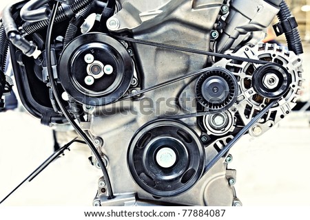 Pulleys With Belt In The Car Motor Stock Photo 77884087 ... hyundai santa fe engine mounts diagram 