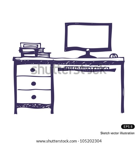 Computer Desk. Hand Drawn Sketch Illustration Isolated On White ...