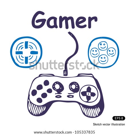 Gamepad and multiply icons. Hand drawn sketch illustration isolated on white background