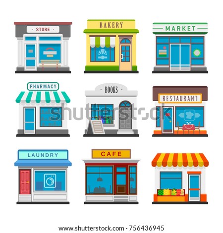Set of vector flat design restaurants and shops facade icons. Includes store, bakery shop, market, restaurant, book shop, vegetable store, laundry, pharmacy, cafe. Isolated on white background.