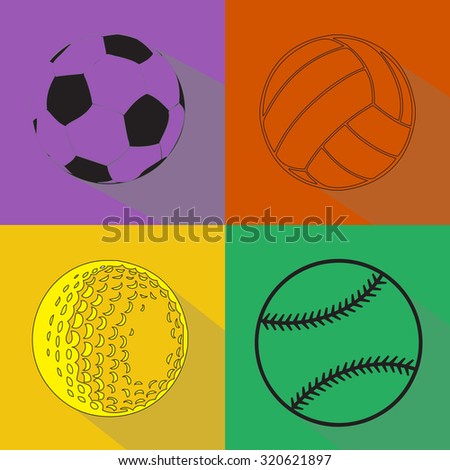 A vector set of sport balls black silhouettes isolated over colored background. Football (soccer), volleyball, baseball and golf balls vector illustration set