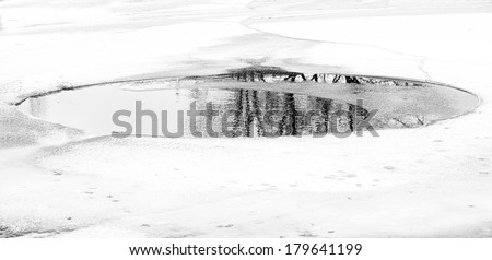 Ice Hole on spring time, last snow scene in black and white photo, B&W photo, winter time scene, ice hole with the reflection of trees, ice hole  photo, end of winter, artistic photo