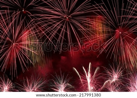 Fireworks. Red amazing fireworks close up, Malta fireworks festival, Independence day, New Year, explode, August 15, Vilnius fireworks, explode close up, fireworks background, big explode