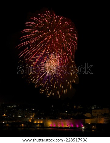 Red amazing fireworks, popular, fireworks rain, artistic fireworks background, fireworks festival, fireworks in Malta