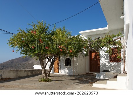 Typical greece house in Tilos island, Greece. Sunny hot day in Tilos island, Greece. Fragment of traditional greece house in small village in Tilos.White house with pomegranate tree in the yard.Greece