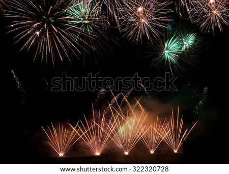 Fireworks explosion in dark. Orange fireworks. Vilnius fireworks festival 2015