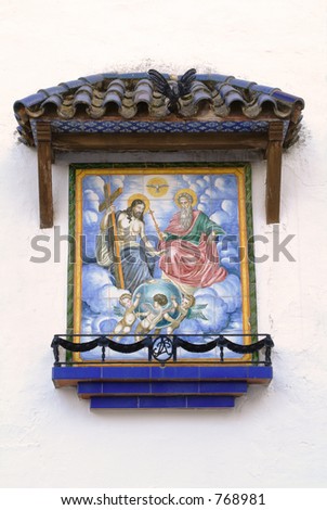 Tiles with religious reasons in the outside of the church of the Vinyet virgin, Sitges. Stok fotoğraf © 