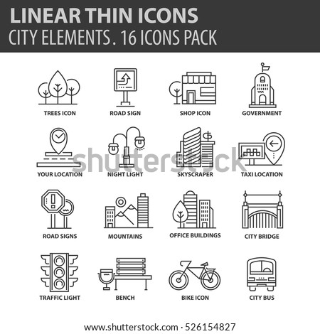 Set of thin line flat icons. Elements and pictograms for infographic, user interface, presentation and other design materials. Good quality collection city and street concept.