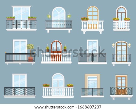Balconies of house or apartment building vector design of architecture elements. Home facade balconies with windows, doors and railings, iron and stone balustrades with glass, flower cachepots, lamps