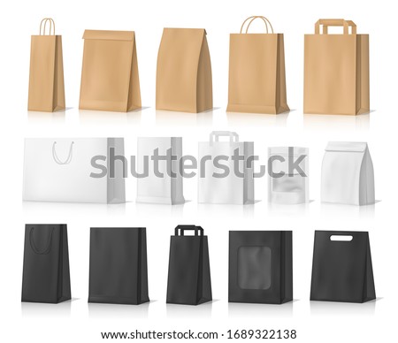 Paper bag mockups of shopping, gifts and food packages realistic vector design. White, brown and black bags or boxes, made of craft paper or cardboard with cord handles and transparent windows