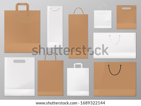 Paper bag vector mockups of blank white and brown shopping and gift packages. Realistic craft paper and cardboard bags with silk, cord and rope handles. Shop and supermarket packets, retail packaging