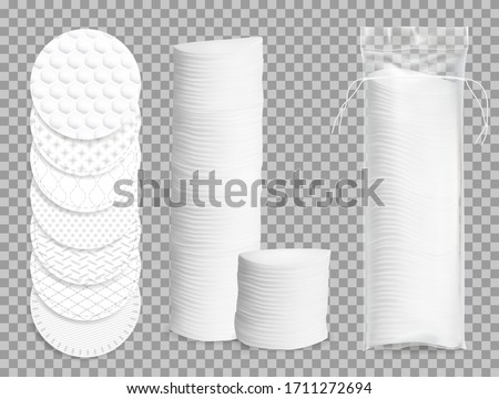 Realistic cotton pads 3d vector isolated mockup. Makeup soft discs in plastic package, face hygiene and nursing. White round cotton pads top view and side view piles, sanitary swabs or napkins in pack