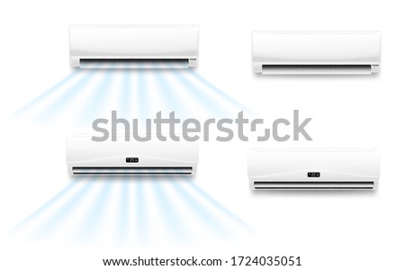 Air conditioner vector mockups with cold or hot wind flow. Realistic air conditioning split system indoor units with opened horizontal louvers and display panels, climate control for home or office