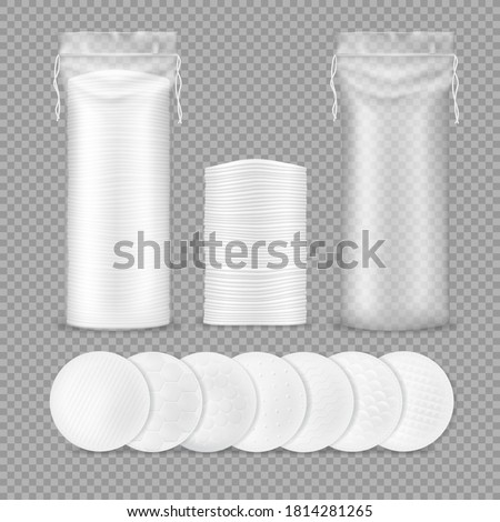 Cotton pads realistic mockup with vector isolated makeup remover round sponges and transparent plastic drawstring bags, 3d cotton discs with different textures for cosmetics, medicine and hygiene