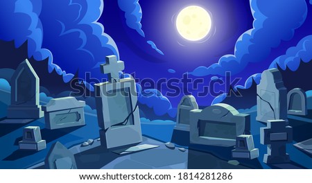Cemetery at night with full moon, vector graveyard with tombstones and cracked stone crosses. Old creepy grave tombs at nighttime under cloudy sky at twilight. Cartoon memorials at spooky cemetery