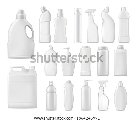 Household chemicals vector bottles, detergent blank packages mockup. White plastic tubes with handle, pump, sprayer for liquid soap, stain remover, realistic laundry bleach or cleaner isolated 3d set