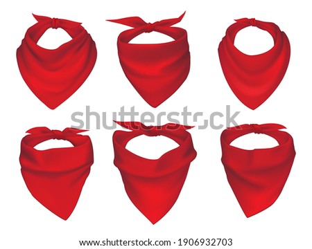 Red neck scarves, bandanas, neckerchiefs and handkerchiefs isolated vector set. 3d realistic silk accessories, kerchieves of cowboy, western bandit, pirate or biker with different knots and drapery