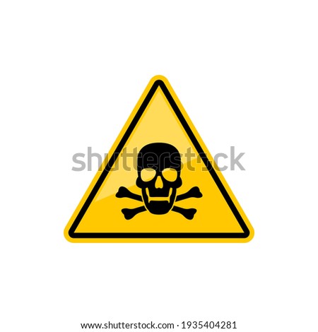 Death warning sign isolated yellow triangle with skull and crossed bones. Vector warns of danger symbol, poison or able to kill warning sign. Toxic wastes warning sign with head skeleton