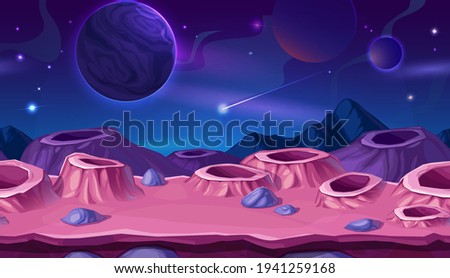 Cartoon planet surface with craters, space background. Vector alien landscape with pink or purple kraters, falling comet in cosmos and planet spheres in Universe. Futuristic computer game cosmic scene