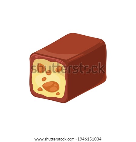 Cut chocolate candy with nuts isolated tasty praline sweets. Vector cocoa candy with almond or hazelnut pieces, sweet delicious food snack. Confectionery dessert, one 3D realistic confection