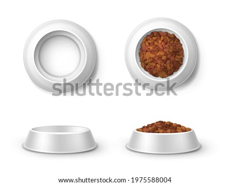 Realistic feed bowl, pet food plates 3d vector mockup front and top view. Blank full and empty crockery for cats and dogs, zoo shop dishes, items for domestic animal snack isolated on white background