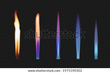 Fire flames, gas and zinc, potassium, stronium and sodium burning tongues vector set. Blaze glow effect, orange, blue and purple shining flares. Inferno blazing, realistic 3d ignition isolated lights Foto d'archivio © 