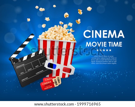 Online movie theater. Cinema time poster, Internet video streaming service or cinema hall realistic vector banner with movie clapperboard and bucket of popcorn, cinema admit one ticket and 3d glasses