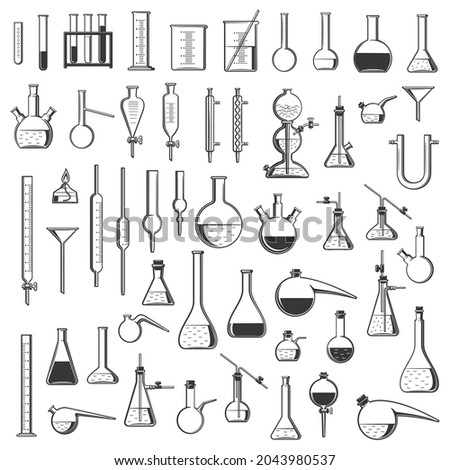 Chemical laboratory flasks, tubes and retorts, chemistry science vector equipment. Lab glassware and glass containers for medical research experiments, test tube stands, beakers, cylinders and burners