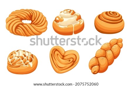 Isolated cinnamon roll bun and challah, sweet pastry food vector design. Cartoon dough swirls, heart shaped buns and braided bread, topped with sugar icing, cinnamon and sesame seeds, bakery menu