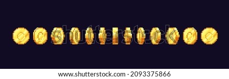 Golden coin animation of 8 or 16 bit pixelated money coin rotated frames, vector pixel art game. Retro arcade videogame ui element of gold currency, level bonus, gift, treasure gold sprite flip effect