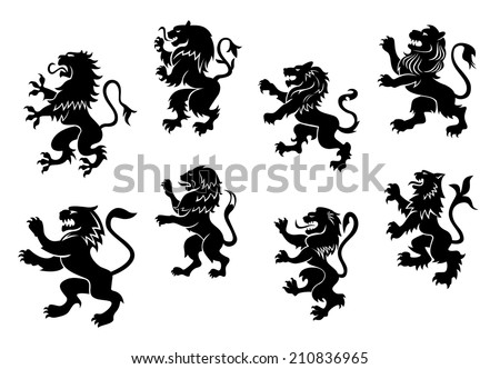 Royal heraldic black lions set isolated on white