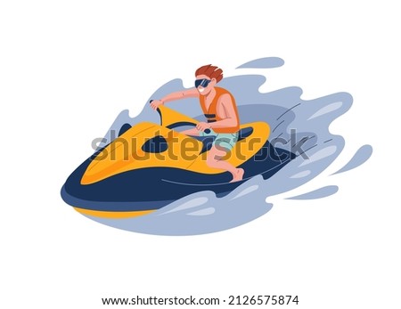 Cheerful man rides a jet ski. Summer vacation leisure, extreme watersports and resort beach activities. Isolated tourist vector character in life vest and sunglasses, dashing on water scooter, jet ski