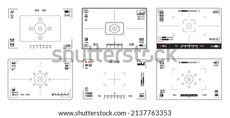 Viewfinder screen. Video and photo camera display frames. Camcorder or photography digital camera, DSLR focusing points screens, parameters adjustments or exposure settings scales vector overlays