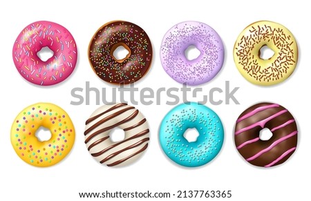 Realistic donut cake icon. Doughnut desserts with chocolate cream icing and sprinkles. Bakery sweet pastry food, cafe confectionery and colorful glazed donuts, 3d vector doughnuts with frosting Stock foto © 