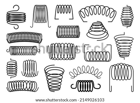 Spiral springs and coils, metal flexible wires and steel elastic bounces, vector icons. Mattress, machine suspension springs and shock absorbers, extended and compressed of different shapes ストックフォト © 
