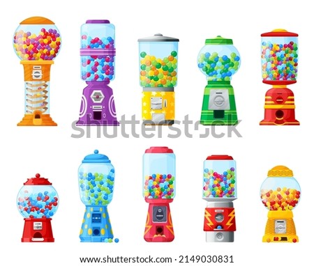 Gumball machine, candy bubble gum or bubblegum balls vending machine, cartoon vector. Gumball machine with coin slot and chewing gums of kids sweets in gashapon glass capsule dispenser