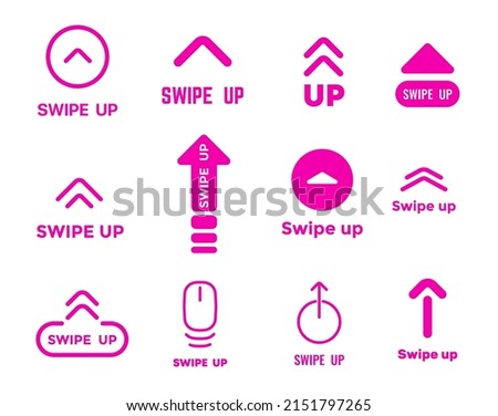 Swipe up icons and signs, arrow buttons for scroll and drag for social media, vector symbols. Mobile application interface buttons to swipe up, red pink flat line arrows for UI and UX app