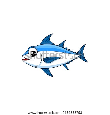 Bluefish mascot isolated tuna fish funny cartoon character animated personage. Vector fishing sport emblem, bluefish thunnus. Atlantic sardine, horse mackerel with flounders. Scombridae saltwater fish