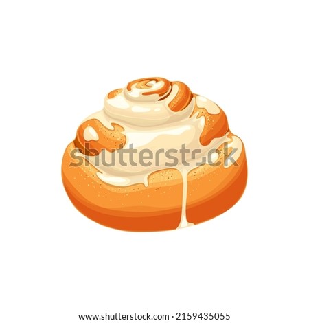 Kanelbullar bun with syrup, fresh bakery food roll isolated cartoon icon. Vector mini bun in shape of snail, fresh dessert, bakery food. Danish cinnamon roll, sweet cinnabon for patisserie menu