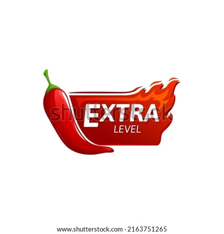 Scale of flavor of vegetarian food maxi red hot chili pepper taste emblem. Vector extra hot food seasoning condiment, burning fire flame. Extraordinary spicy food, fiery spicy cayenne chili pepper