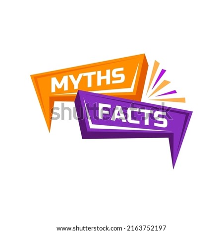 Rumor dishonest news myths versus facts badge, flat cartoon. Vector untruth, superstition evidence reality show badge, truth and false badge, disbelieve quiz header. Truth or lie quiz, fake or proof