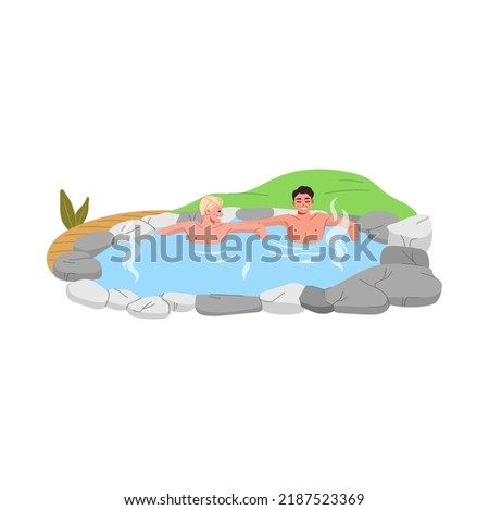 Japan onsen with hot spring bath. Cartoon young men relaxing in vector thermal pool of japanese spa hotel with hot water, steam, rocks and wood pathway. People visiting outdoor sauna, geothermal onsen