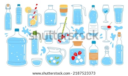 Glass, plastic water bottle, jug, cup and containers set, vector drink beverages icons. Glass cup of soda, beer and wine, flat line juice pitcher, whiskey carafe, ice tea mug and mineral water bottle
