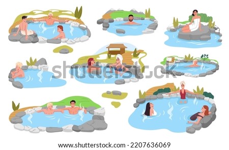 Japan onsen, women and men relaxing in spring thermal pool or bath with rocks, hot water and steam. Vector spa hotel, japanese outdoor bathtub ot tub of asian resort ryokan with young people