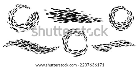 Shoal and fish school vector silhouette, seafood, aquarium or sea animal, fishery. Swimming groups of ocean fish in shape of circle, wave and swirl, underwater wildlife and marine nature themes